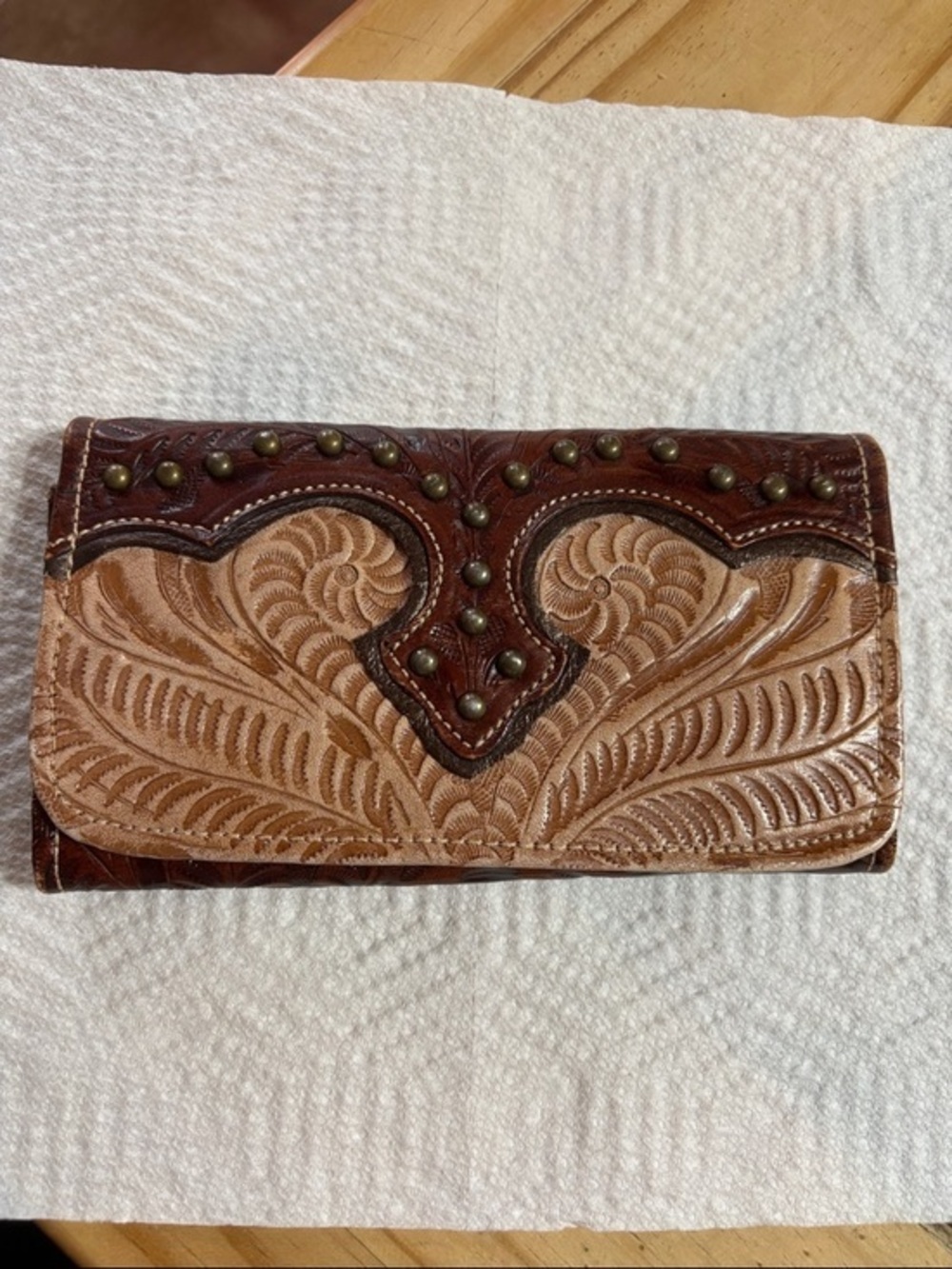American West Two-Tone Tooled Leather Wallet in Dark Brown and Tan
